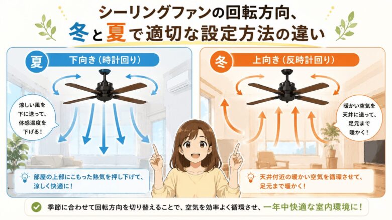 シーリングファンの回転方向、冬と夏で適切な設定方法の違い
