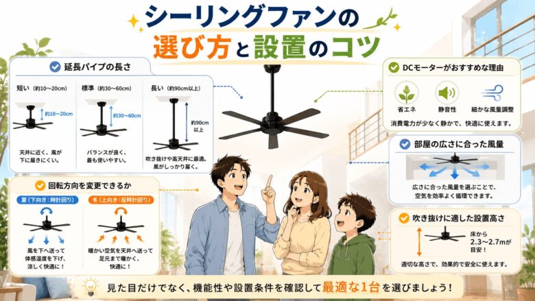 シーリングファンの選び方と設置のコツ