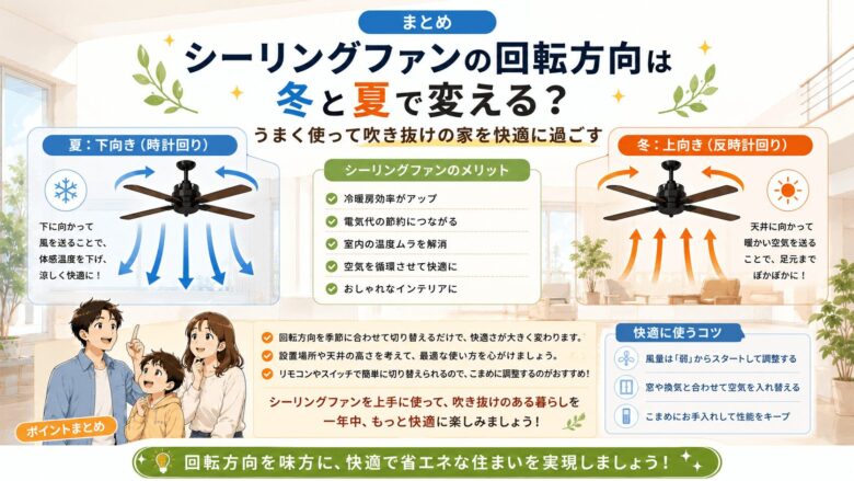 まとめ:シーリングファンの回転方向は冬と夏で変える?うまく使って吹き抜けの家を快適に過ごす